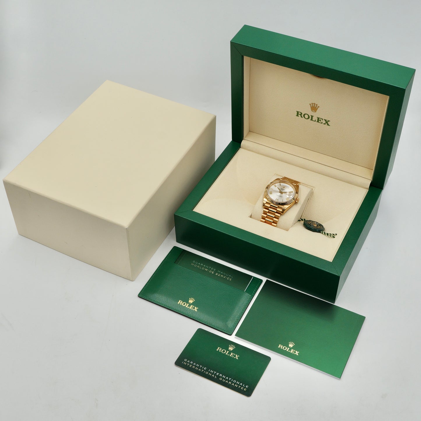 Rolex Day-Date 40 Silver Dial Yellow Gold 228238 - Full Set (2021) -