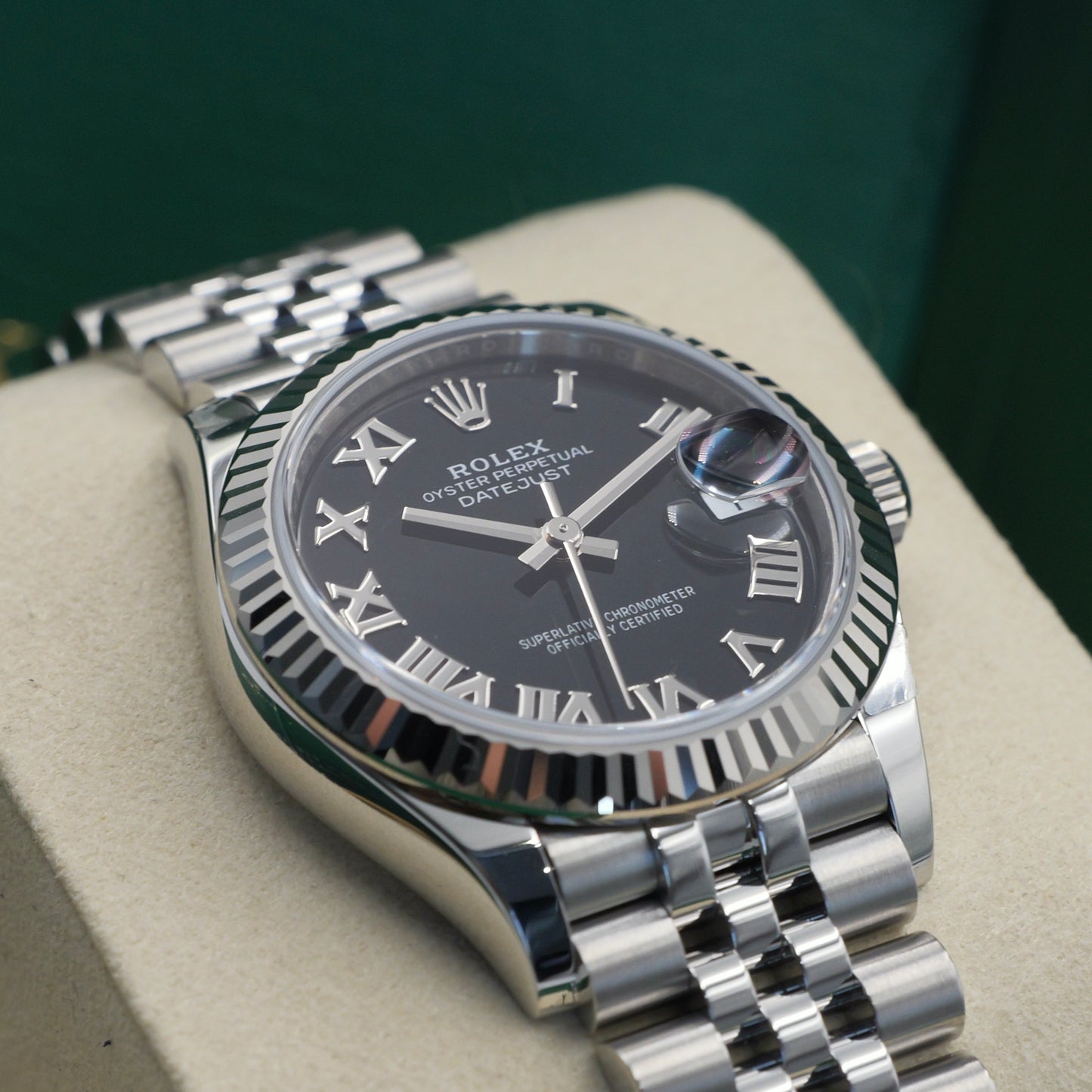 Rolex Datejust 31 Black Roman Numeral Fluted Jubilee Dial 278274 - Full Set (2025)
