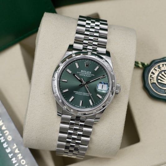Rolex Datejust 31 Green Dial Domed Diamond Set Bezel 278344RBR - Full Set (2025)