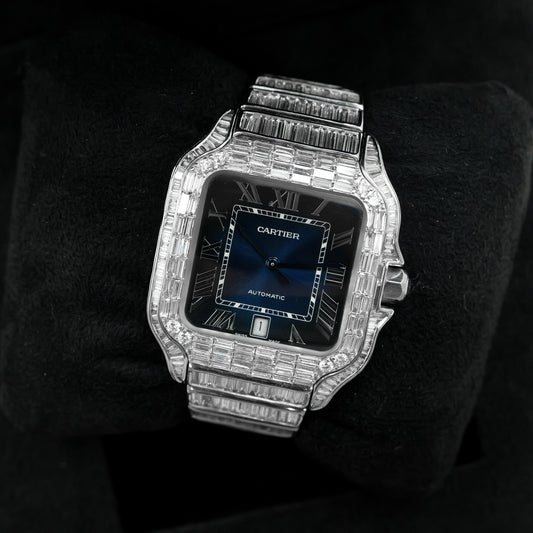 Cartier Santos Blue Dial Baguette Bussdown Full Set