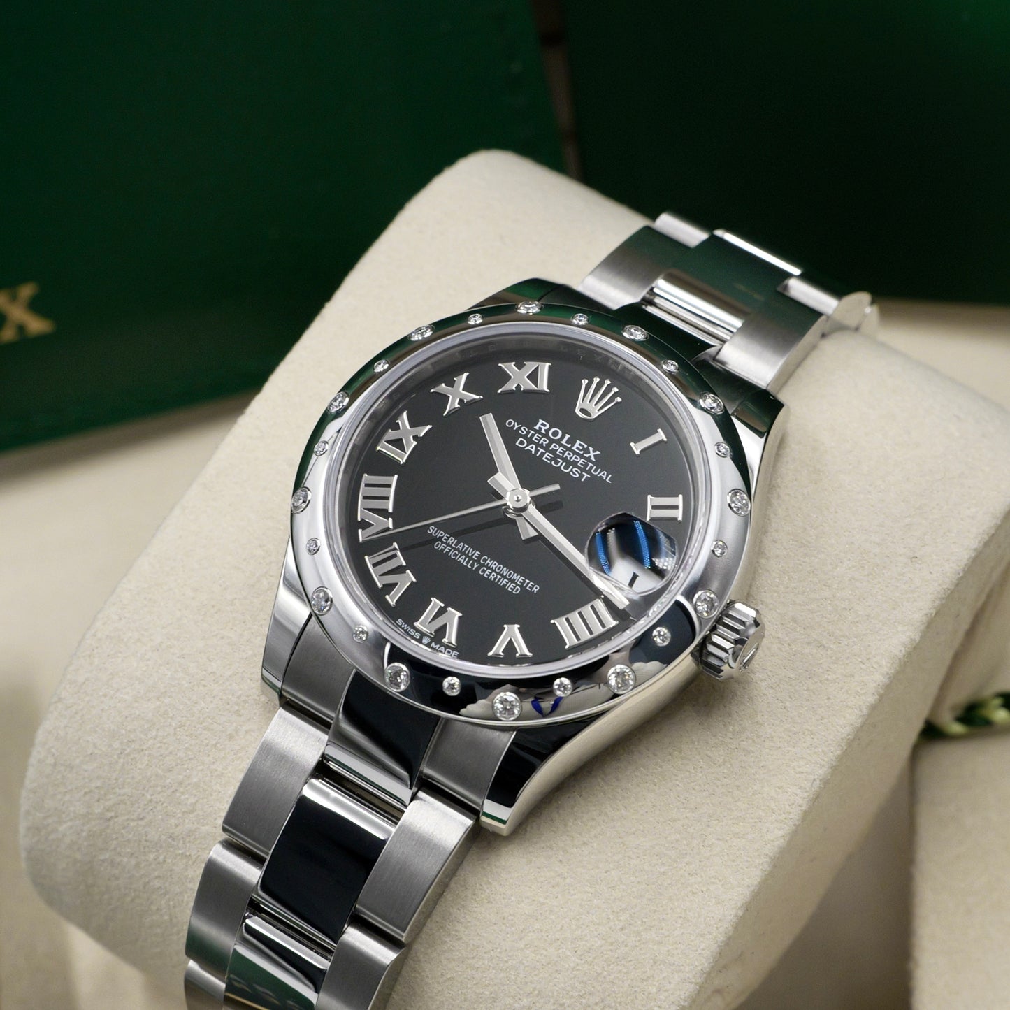 Rolex Datejust 31 Black Dial Domed Diamond Set Bezel 278344RBR - Full Set (2025)