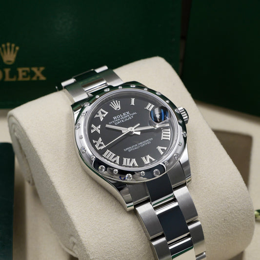 Rolex Datejust 31 Black Dial Domed Diamond Set Bezel 278344RBR - Full Set (2025)