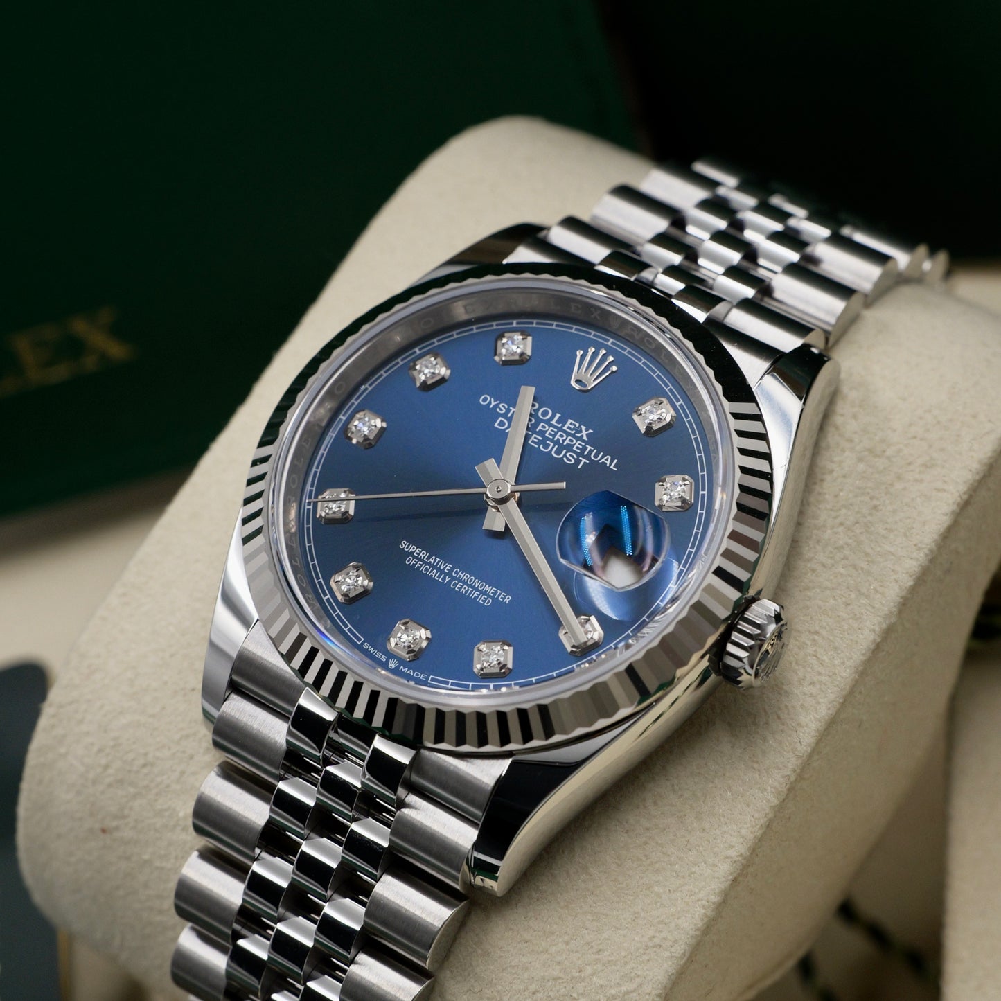 Rolex Datejust 36 Blue Diamond Dot Dial Fluted Jubilee 126234 - Full Set (2026)