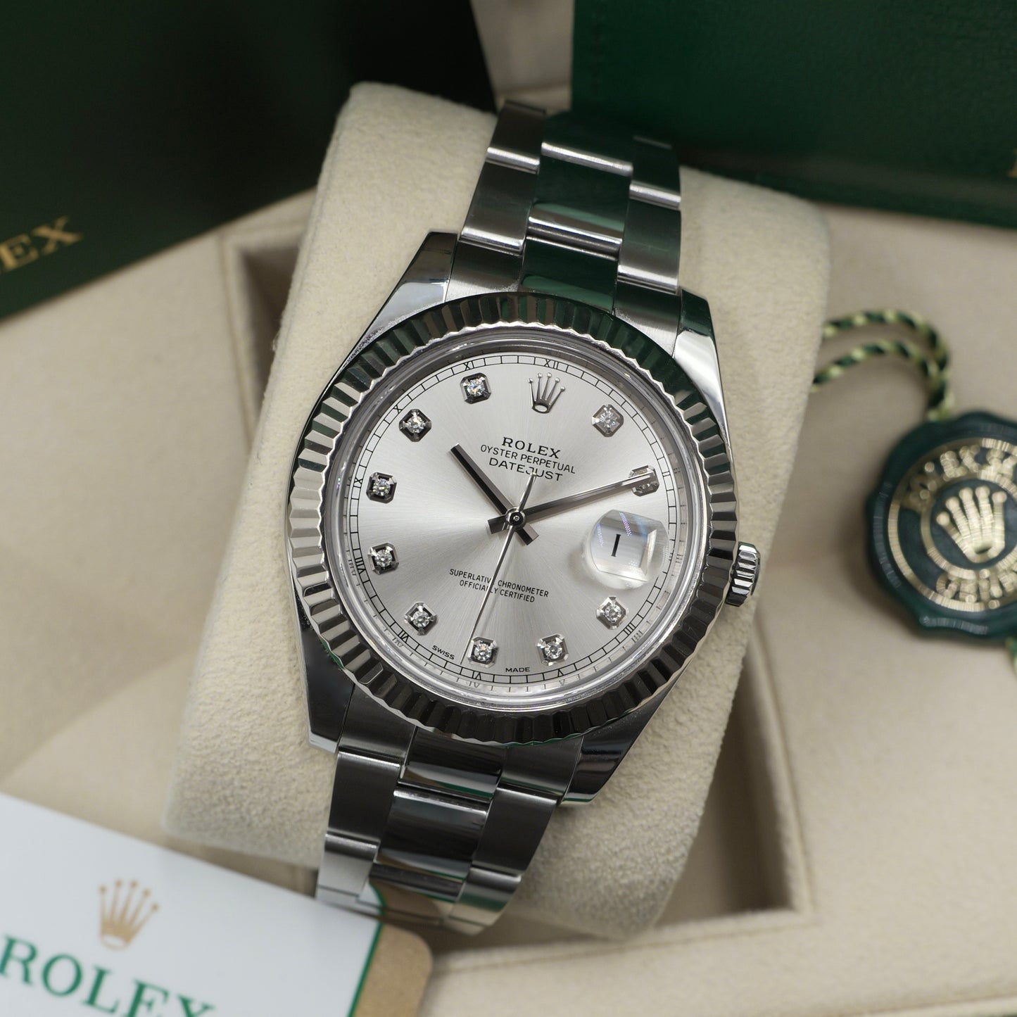 Rolex Datejust II Silver Diamond Dot Dial Fluted Oyster 116334 - Full Set (2017)