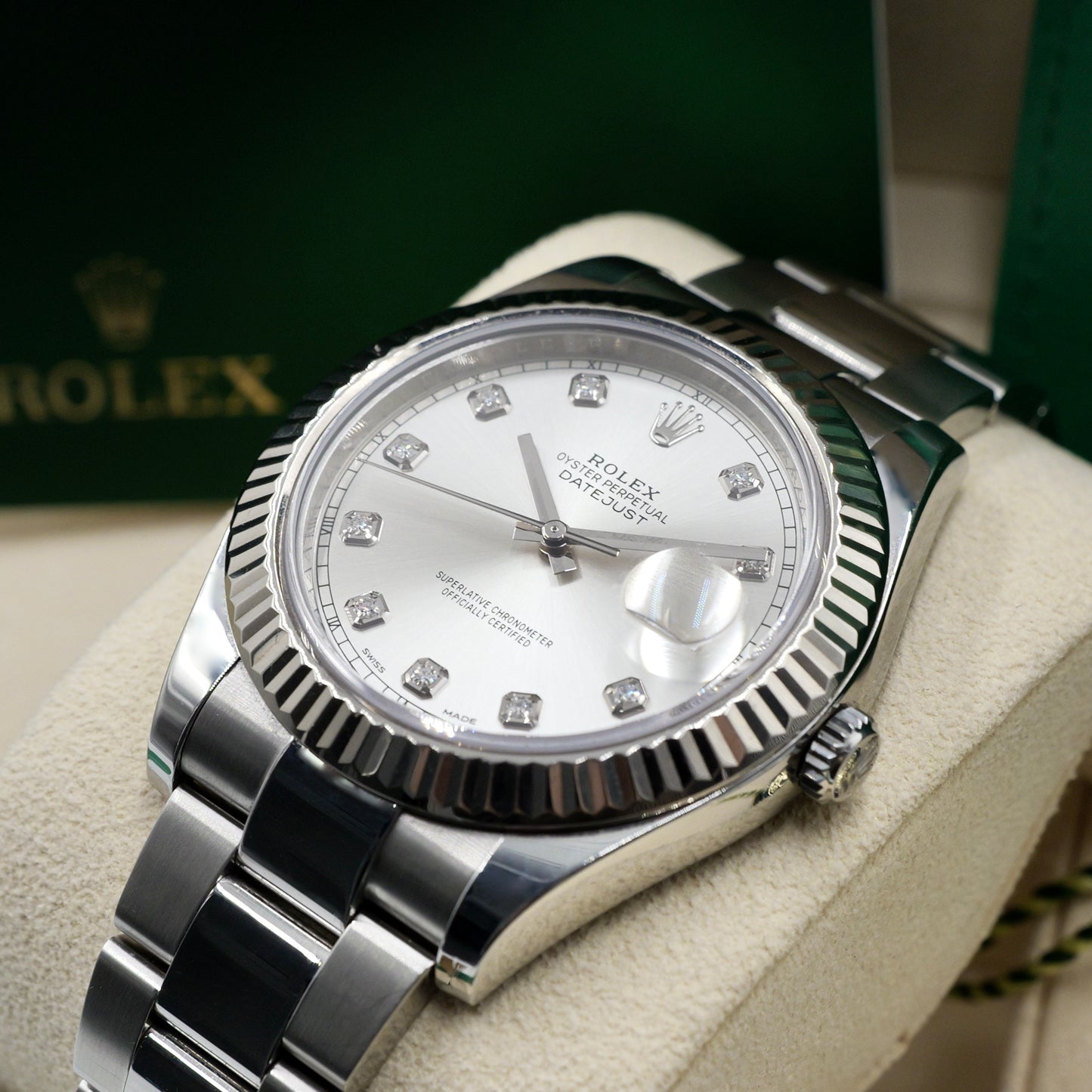 Rolex Datejust II Silver Diamond Dot Dial Fluted Oyster 116334 - Full Set (2017)
