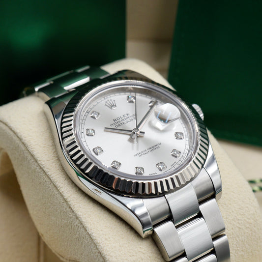 Rolex Datejust II Silver Diamond Dot Dial Fluted Oyster 116334 - Full Set (2017)