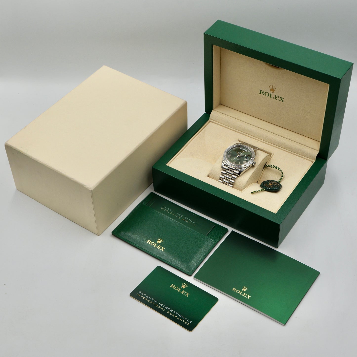 Rolex Day-Date 40 Platinum Olive Dial 228396TBR - Full Set (2022)