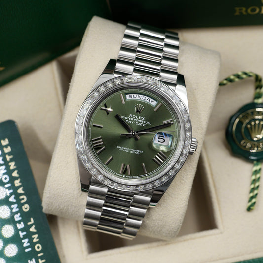 Rolex Day-Date 40 Platinum Olive Dial 228396TBR - Full Set (2022)