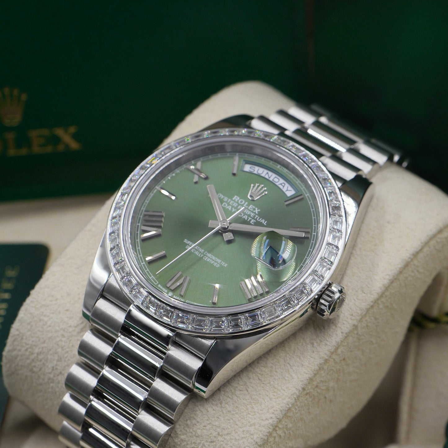 Rolex Day-Date 40 Platinum Olive Dial 228396TBR - Full Set (2022)