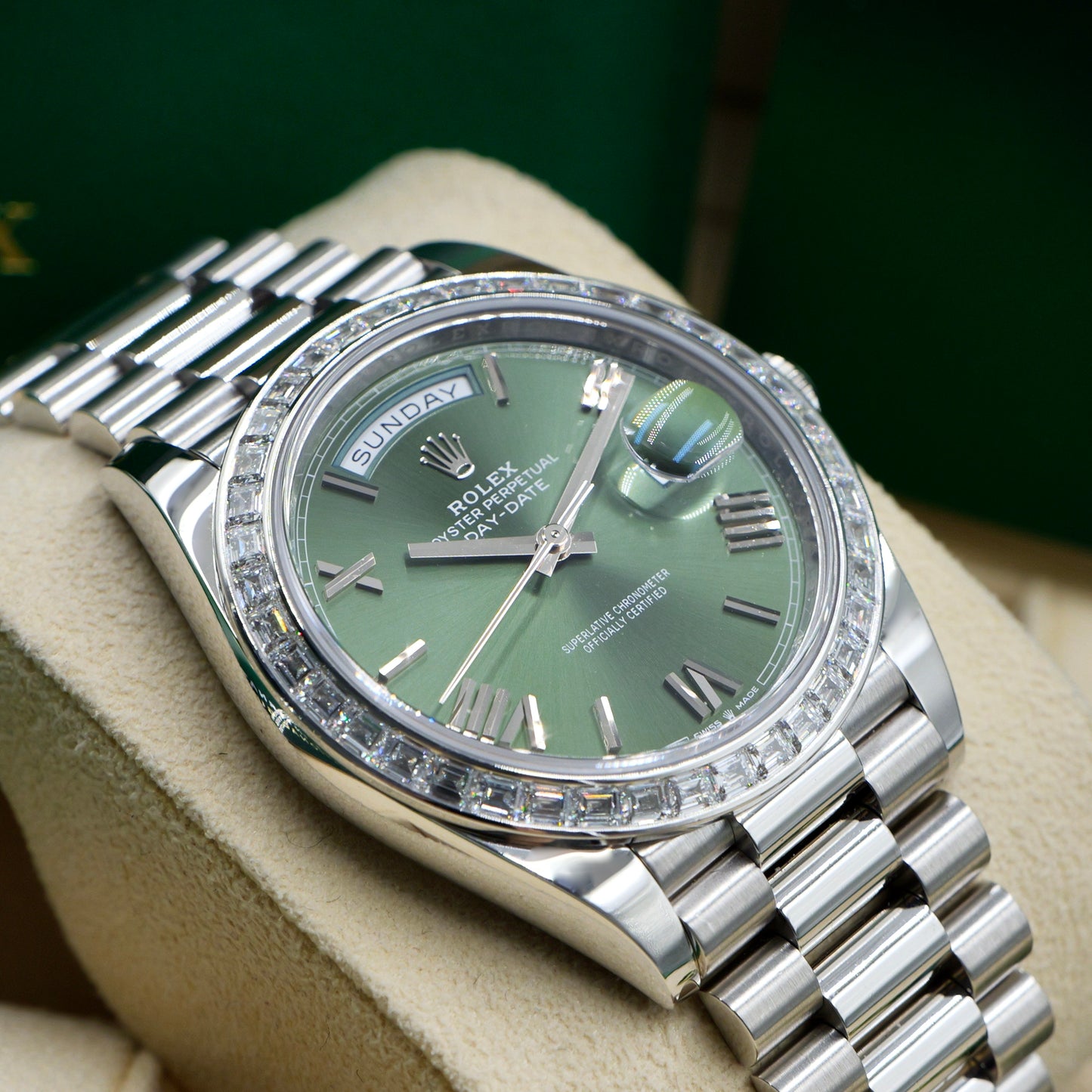 Rolex Day-Date 40 Platinum Olive Dial 228396TBR - Full Set (2022)
