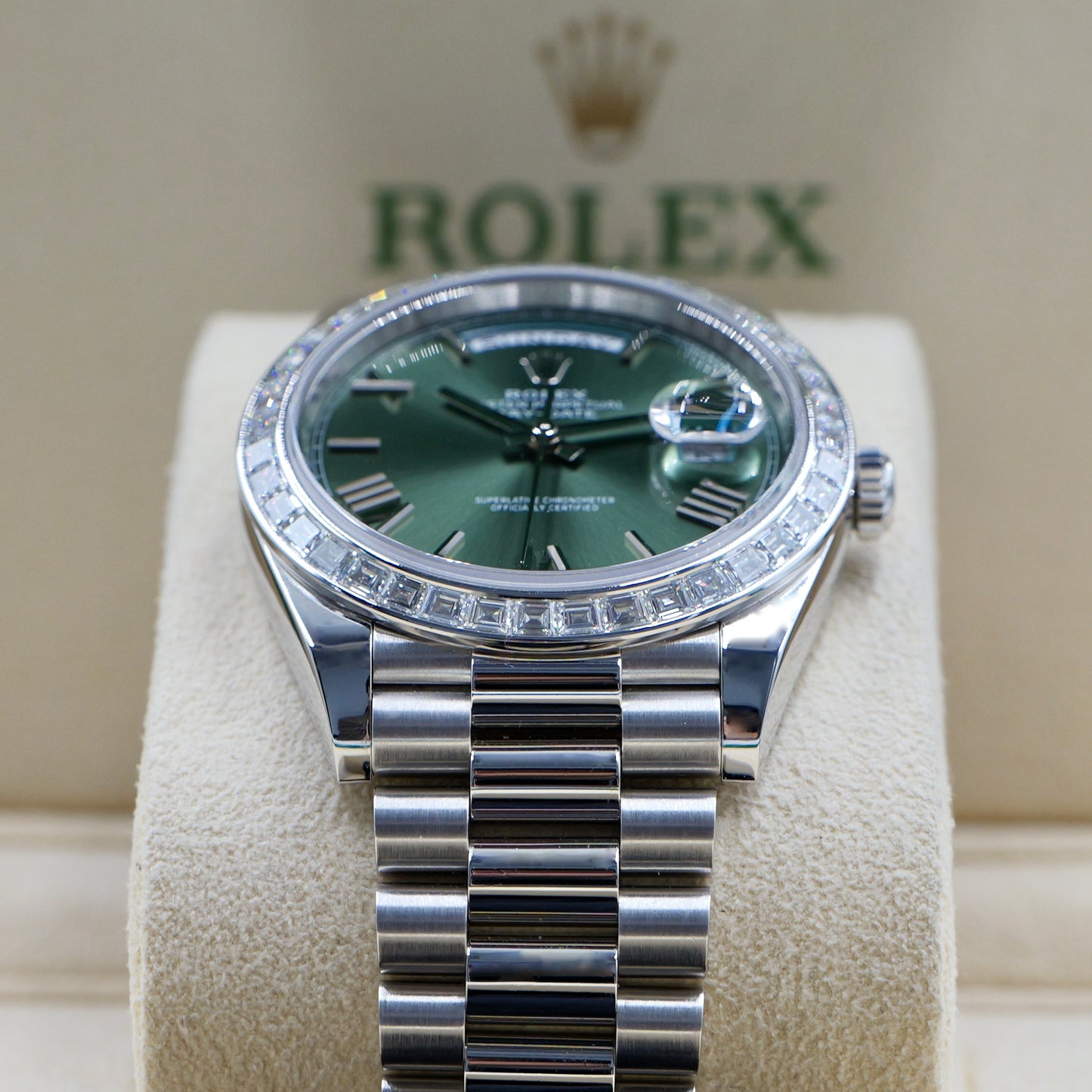 Rolex Day-Date 40 Platinum Olive Dial 228396TBR - Full Set (2022)