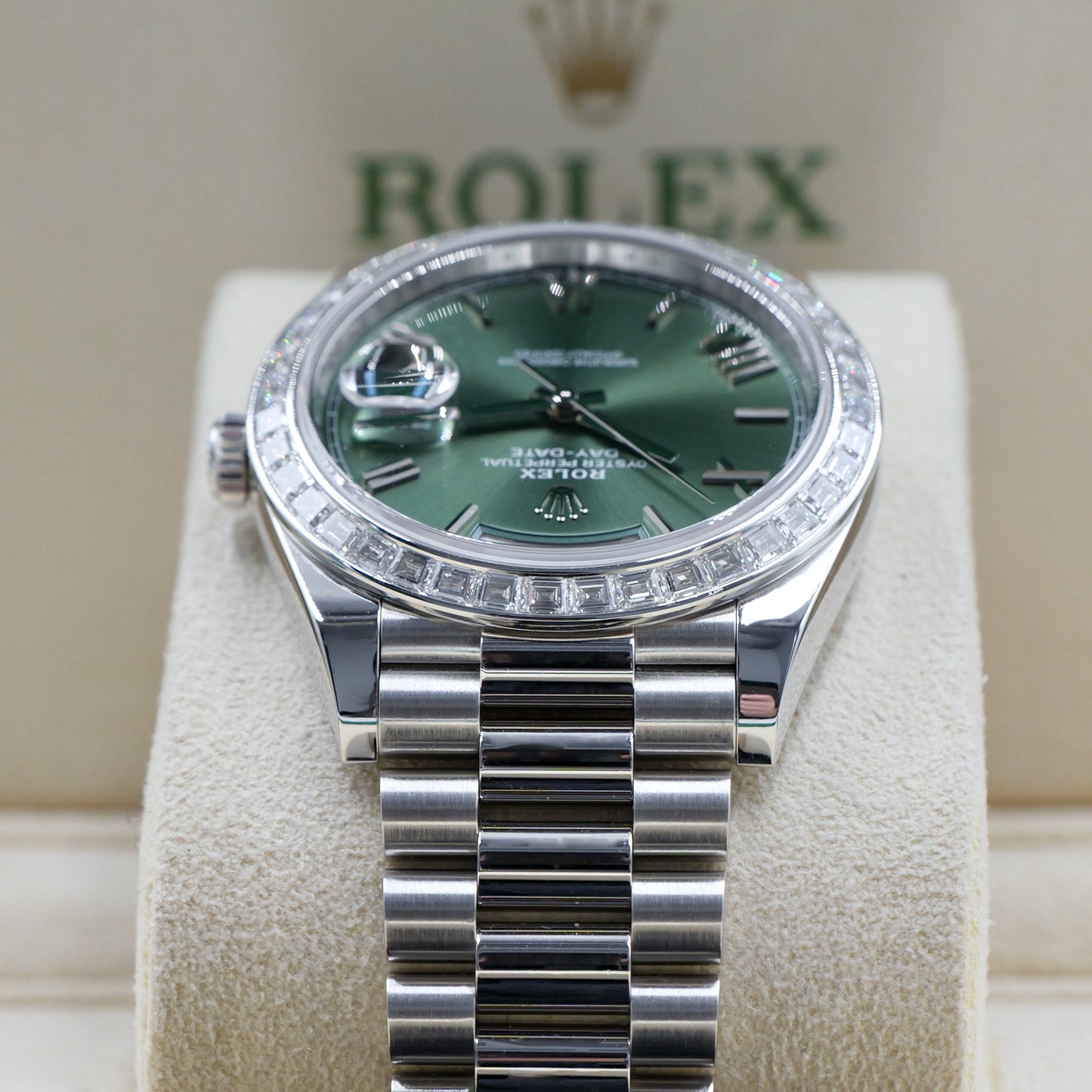 Rolex Day-Date 40 Platinum Olive Dial 228396TBR - Full Set (2022)