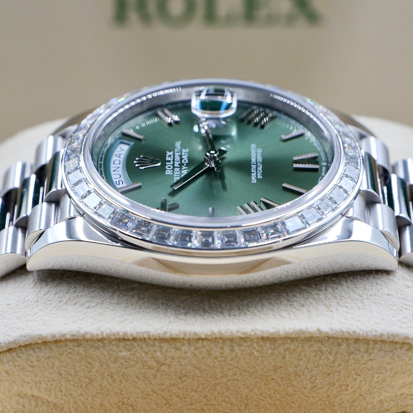 Rolex Day-Date 40 Platinum Olive Dial 228396TBR - Full Set (2022)