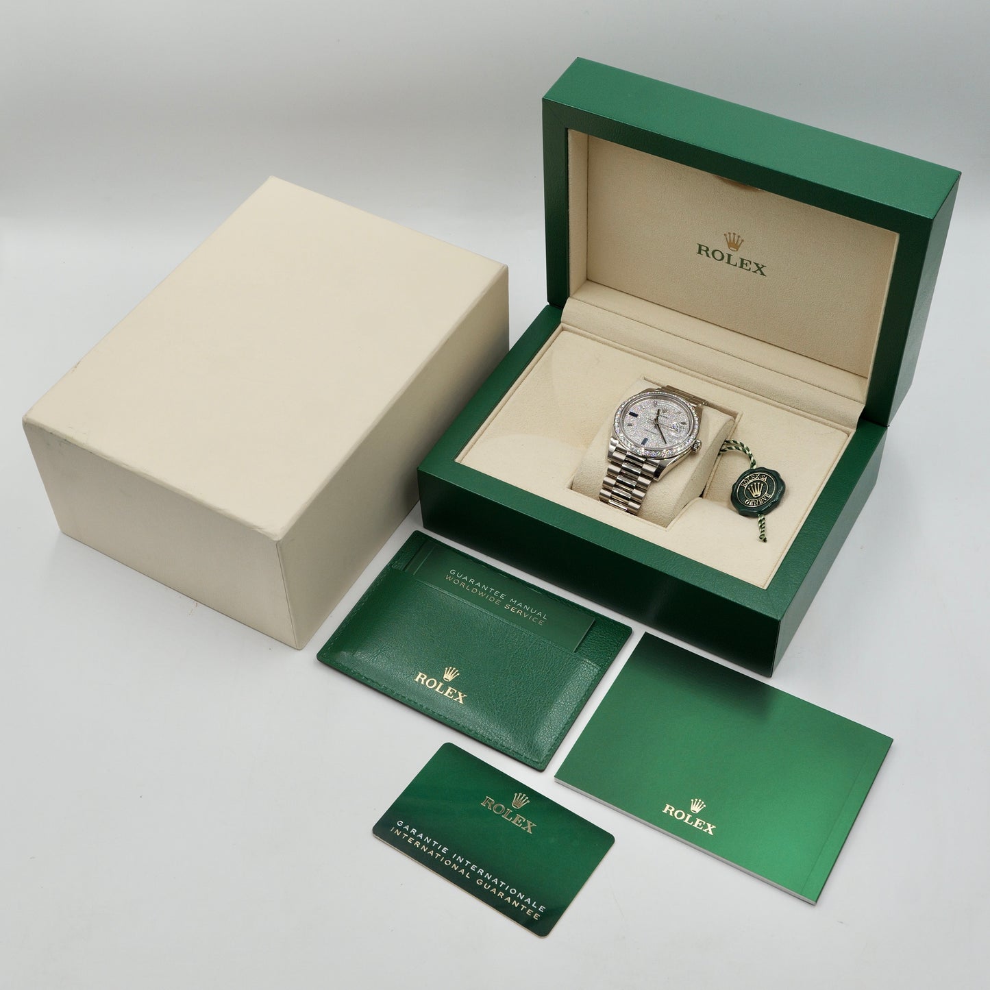 Rolex Day-Date 40 Pave Dial White Gold 228349RBR - Full Set (2022)