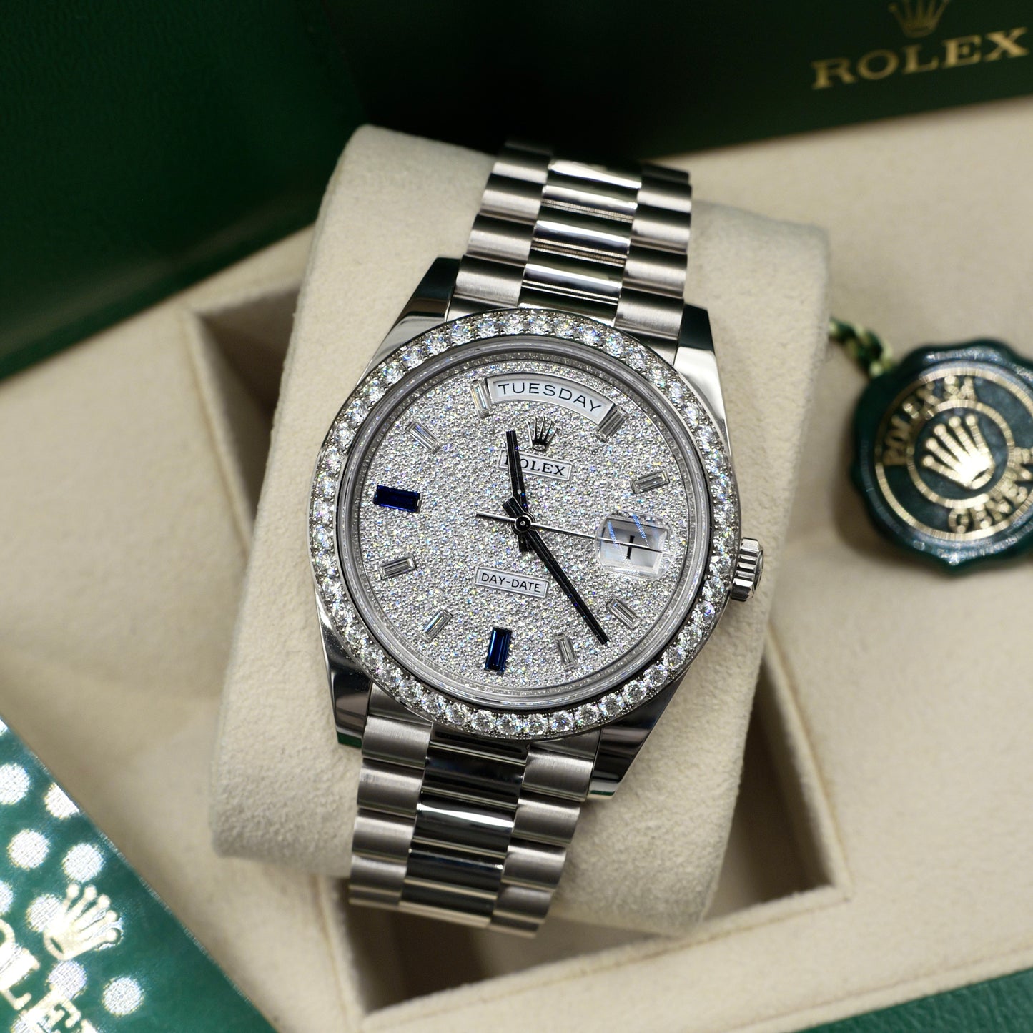 Rolex Day-Date 40 Pave Dial White Gold 228349RBR - Full Set (2022)