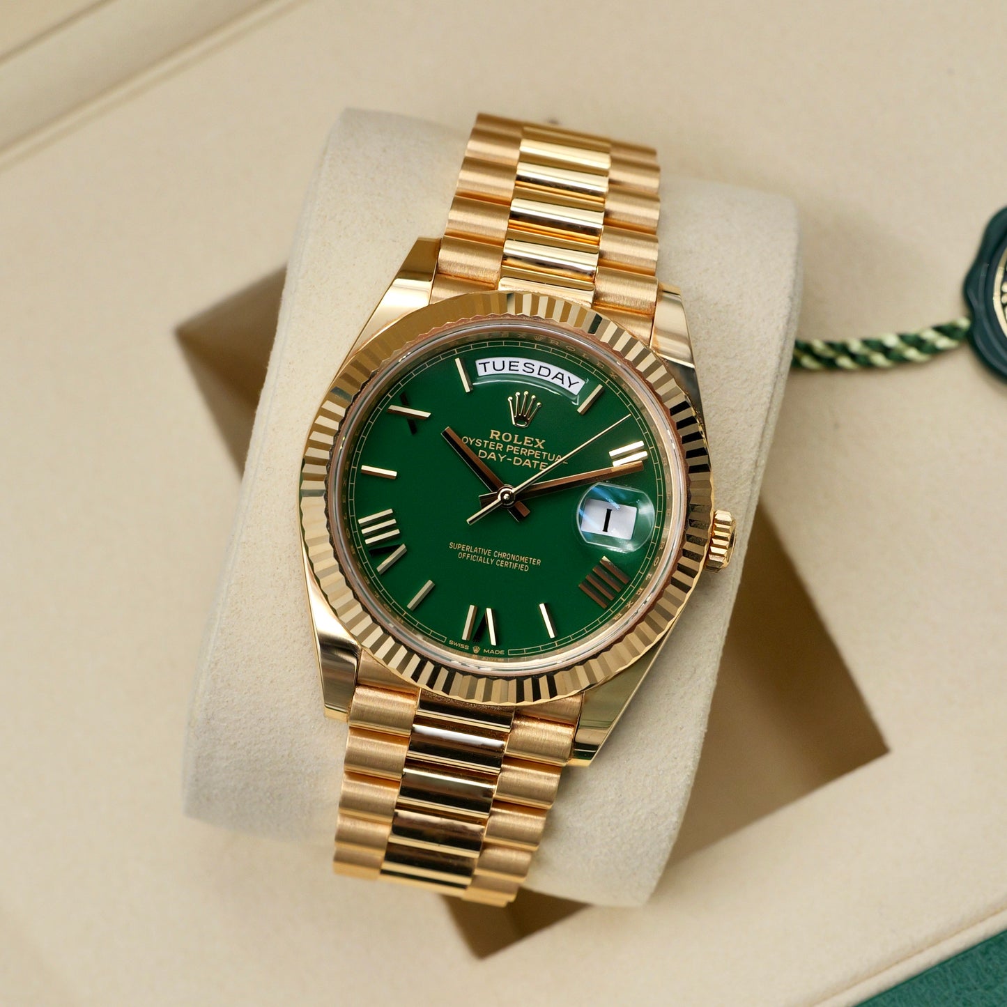 Rolex Day-Date 40 Green Dial Yellow Gold 228238 - Full Set (2025)
