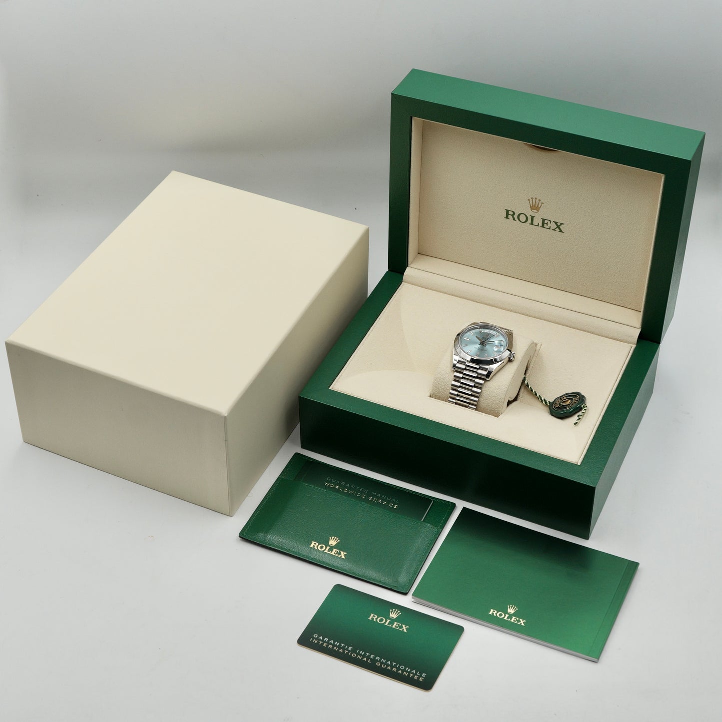 Rolex Day-Date 40 Platinum Ice Blue Baguette Dial 228206 - Full Set (2022)