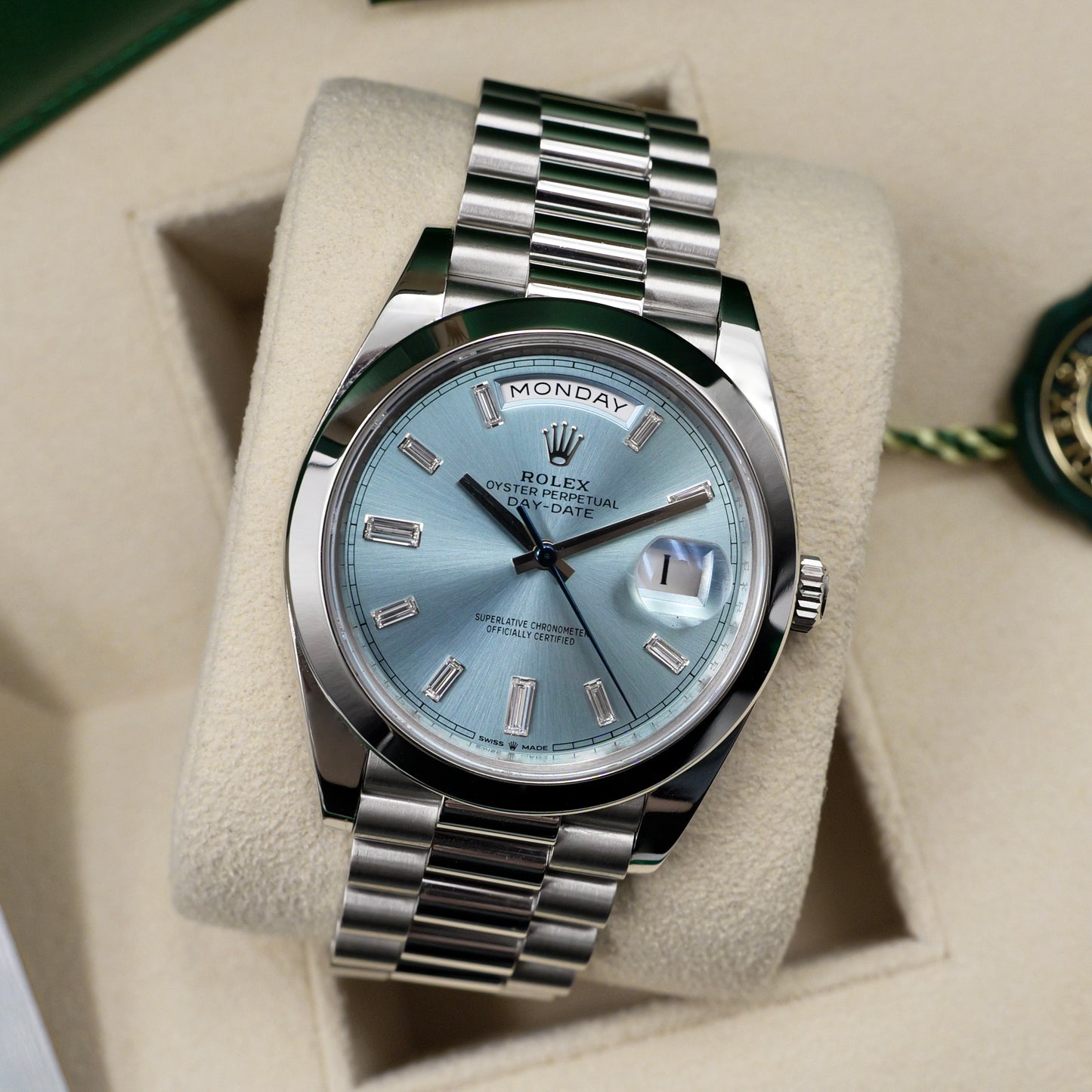 Rolex Day-Date 40 Platinum Ice Blue Baguette Dial 228206 - Full Set (2022)