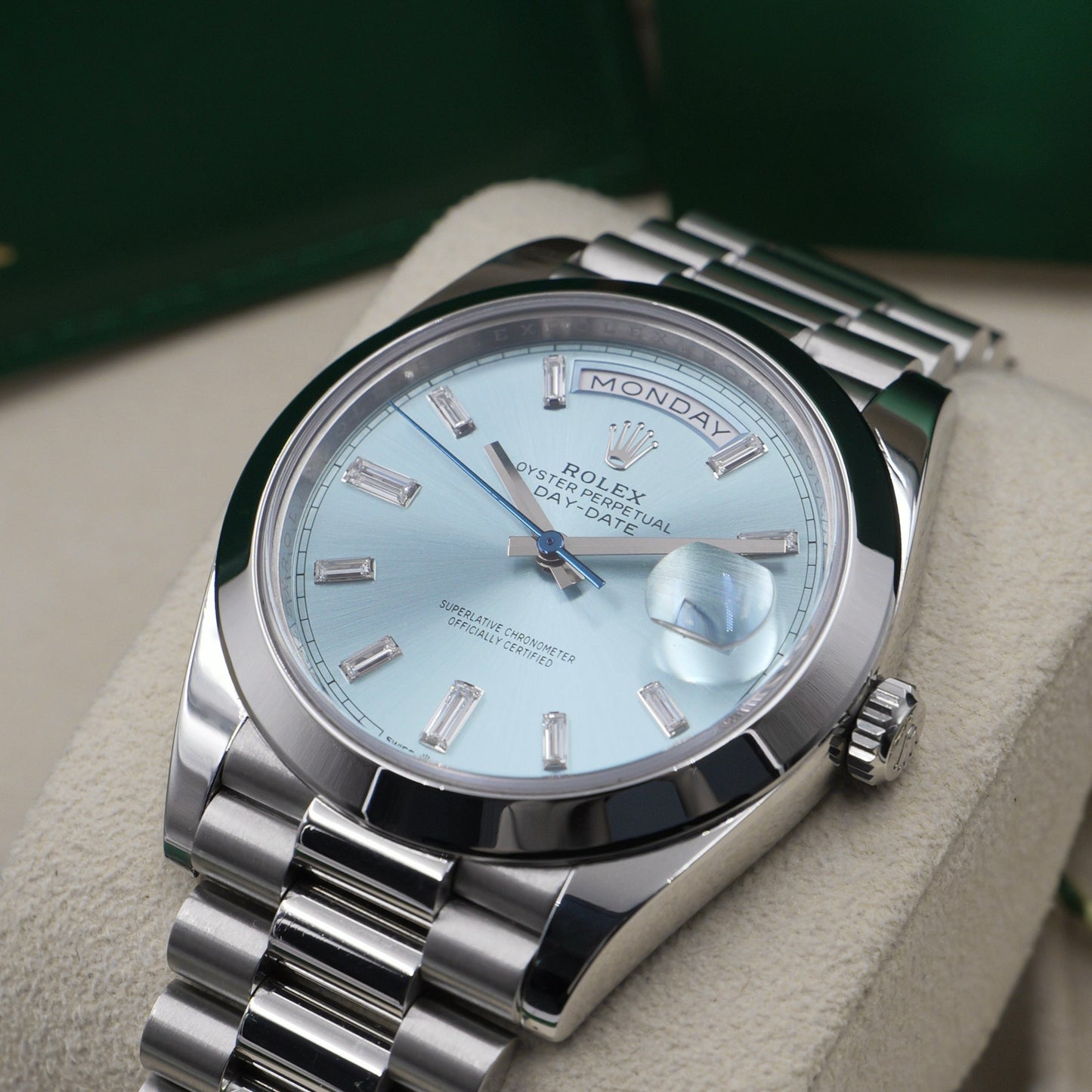 Rolex Day-Date 40 Platinum Ice Blue Baguette Dial 228206 - Full Set (2022)
