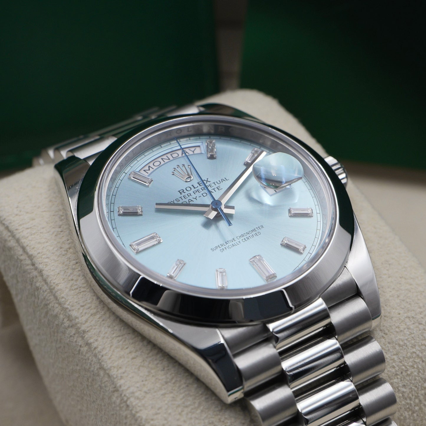 Rolex Day-Date 40 Platinum Ice Blue Baguette Dial 228206 - Full Set (2022)