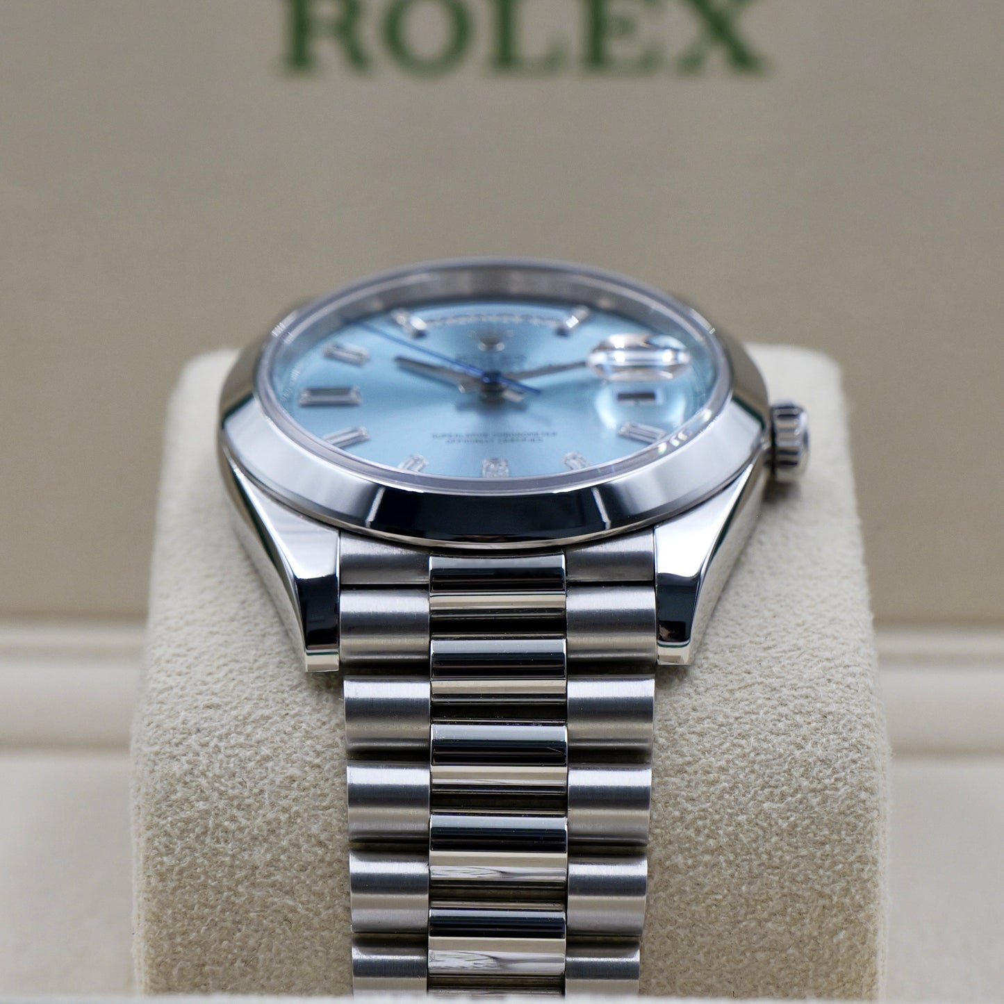 Rolex Day-Date 40 Platinum Ice Blue Baguette Dial 228206 - Full Set (2022)