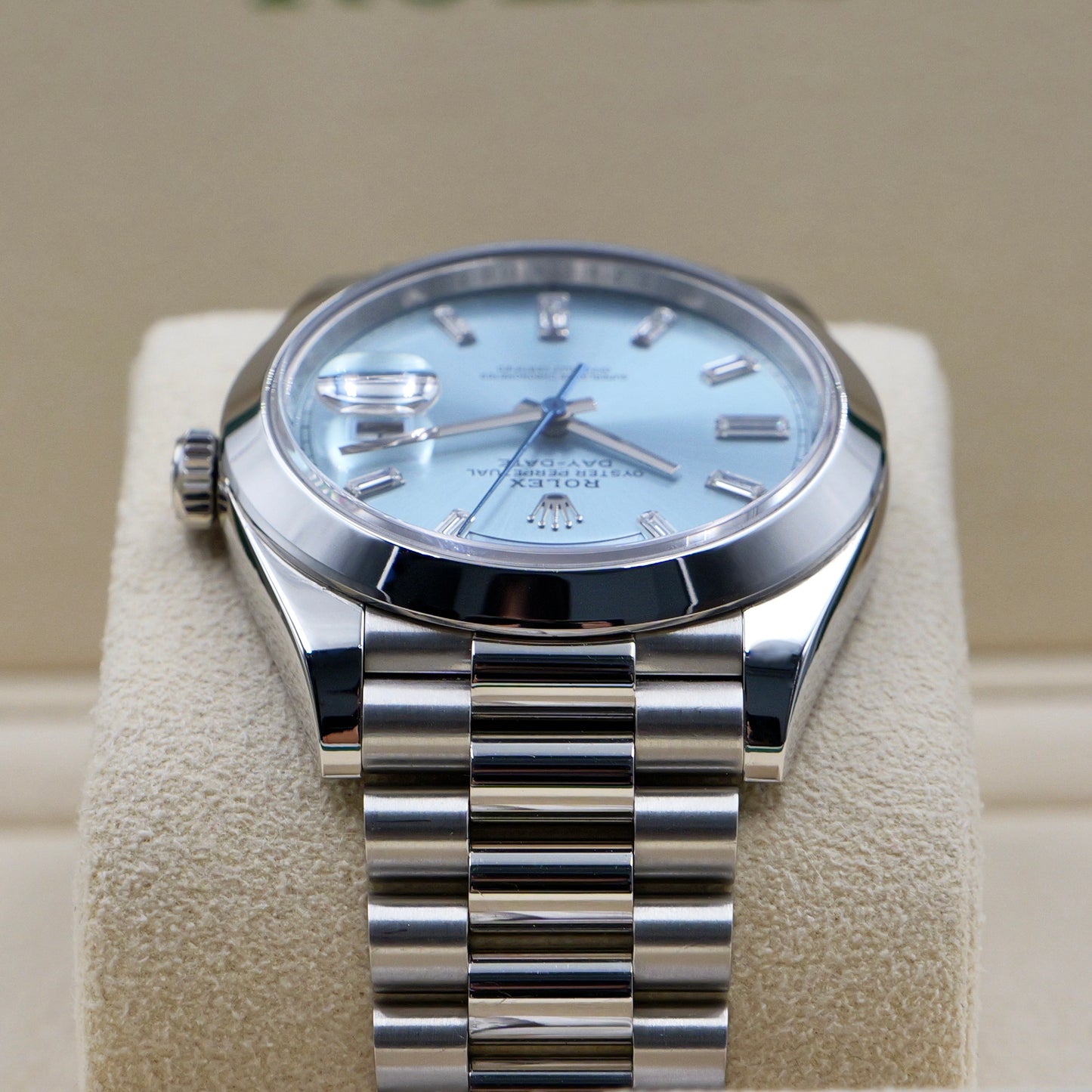 Rolex Day-Date 40 Platinum Ice Blue Baguette Dial 228206 - Full Set (2022)