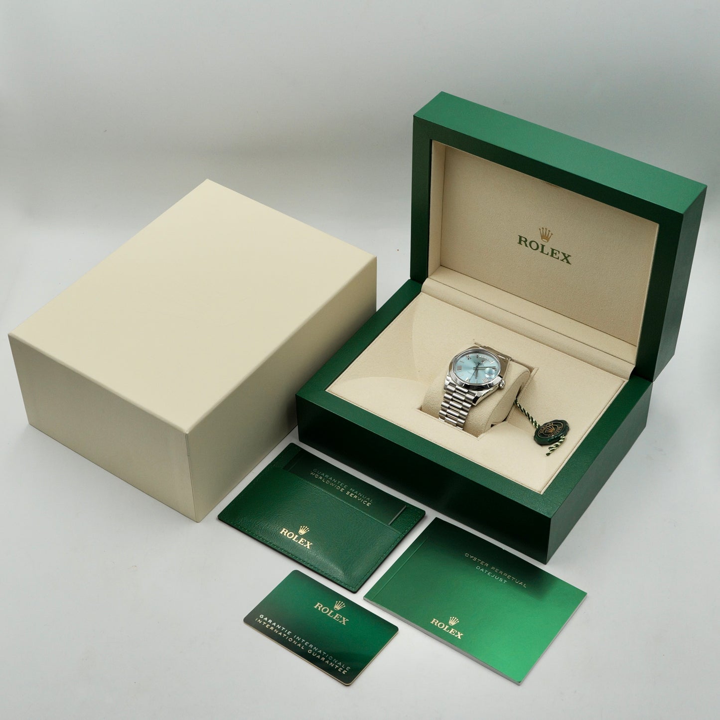 Rolex Day-Date 40 Platinum Ice Blue Roman Numeral Dial 228206 - Full Set (2021)