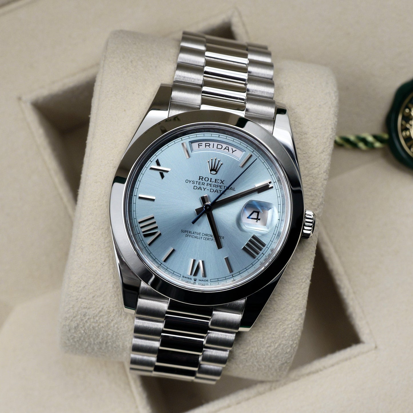 Rolex Day-Date 40 Platinum Ice Blue Roman Numeral Dial 228206 - Full Set (2021)