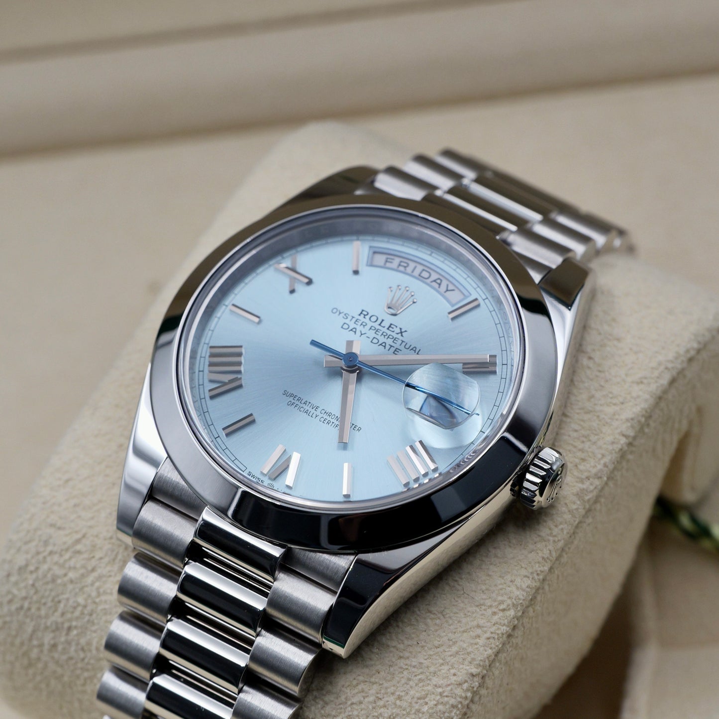 Rolex Day-Date 40 Platinum Ice Blue Roman Numeral Dial 228206 - Full Set (2021)