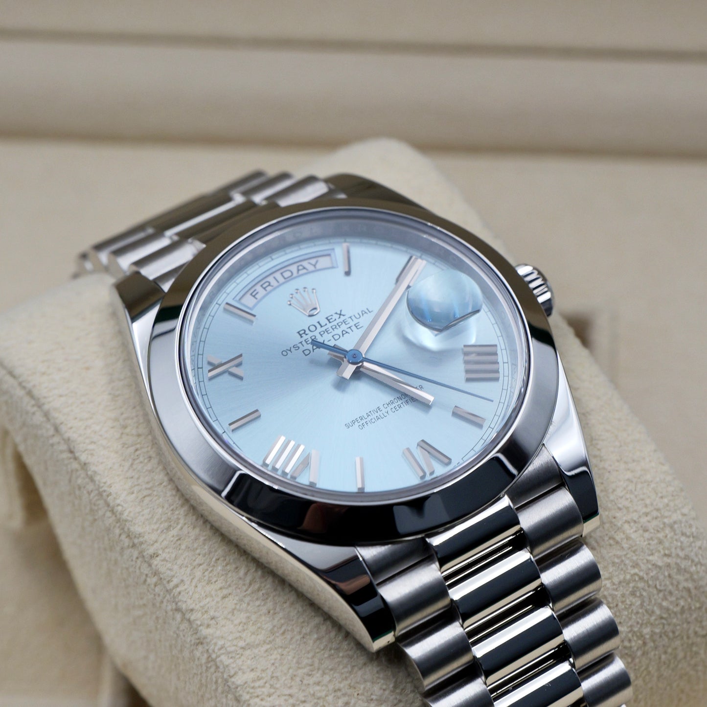 Rolex Day-Date 40 Platinum Ice Blue Roman Numeral Dial 228206 - Full Set (2021)