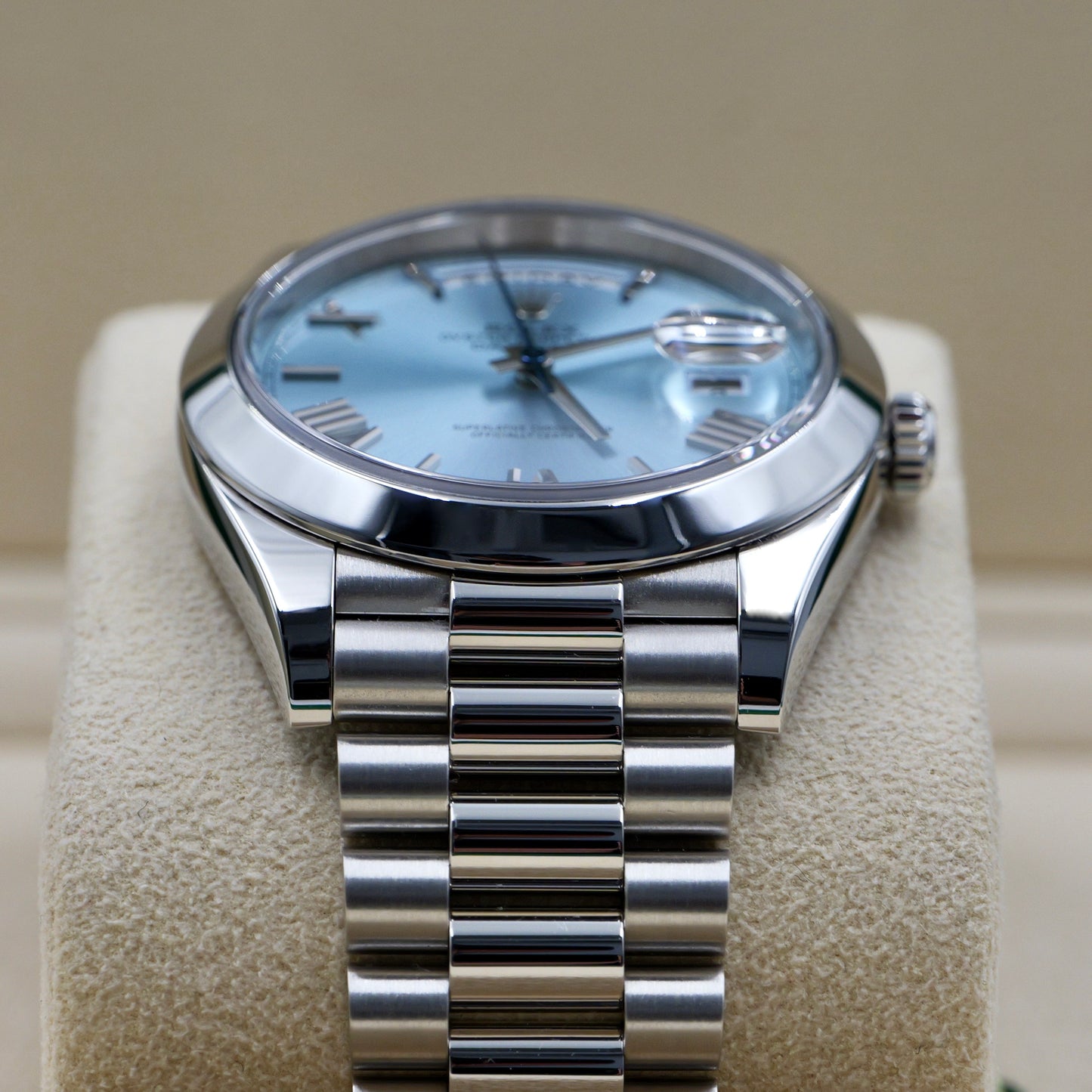 Rolex Day-Date 40 Platinum Ice Blue Roman Numeral Dial 228206 - Full Set (2021)