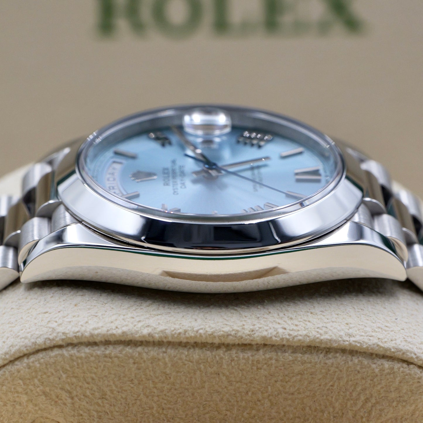 Rolex Day-Date 40 Platinum Ice Blue Roman Numeral Dial 228206 - Full Set (2021)