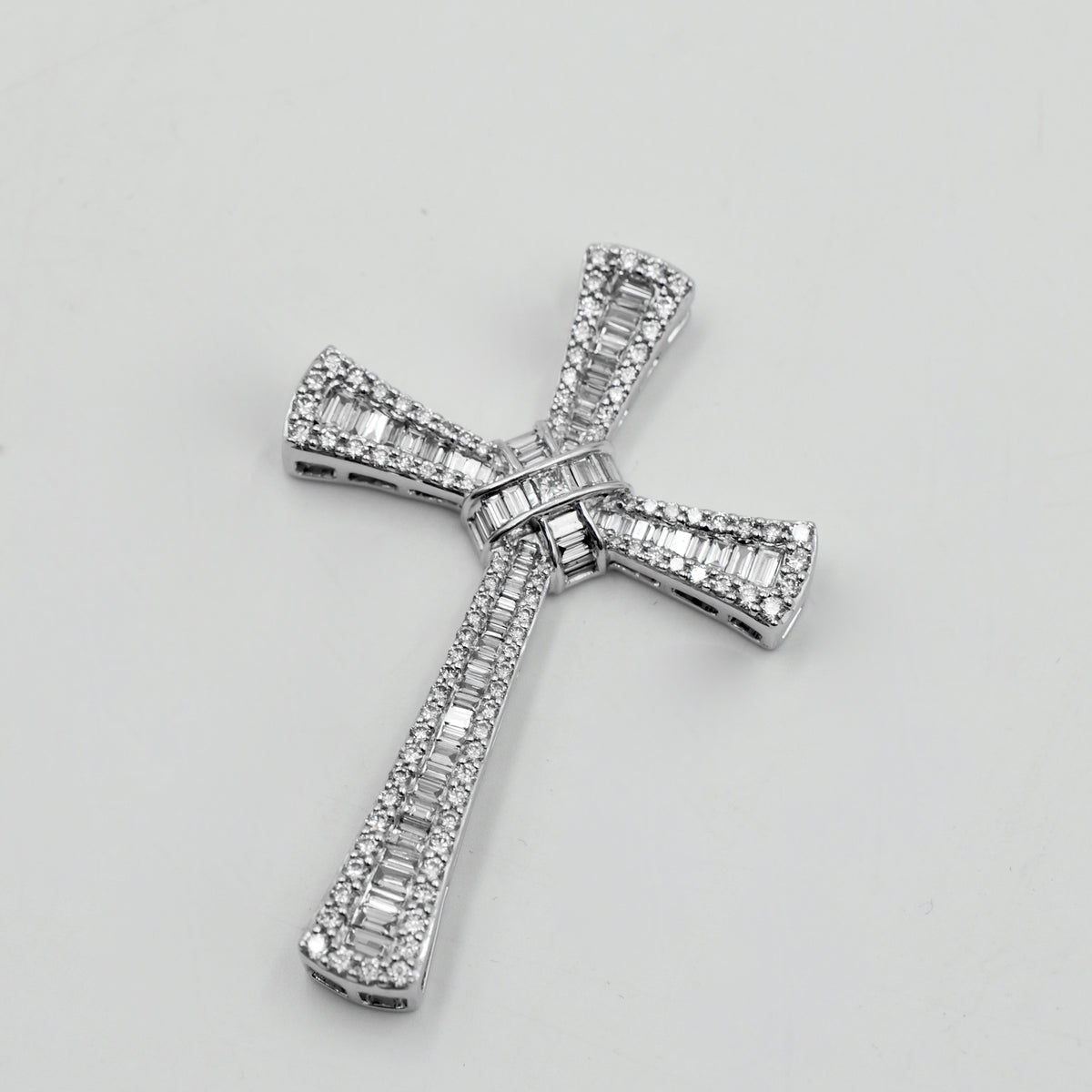 White Gold Round & Baguette Diamond Cross