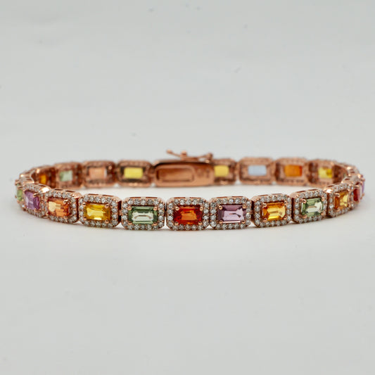 Rose Gold Multi Coloured Sapphire & Diamond Halo Bracelet