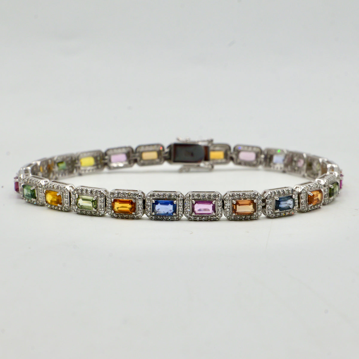 White Gold Multi Coloured Sapphire & Diamond Halo Bracelet