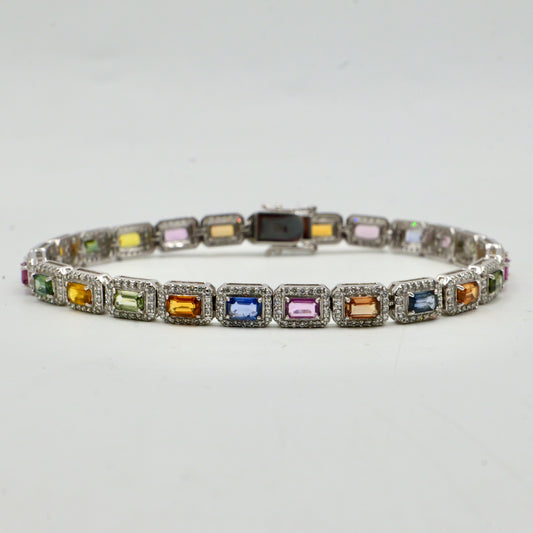 White Gold Multi Coloured Sapphire & Diamond Halo Bracelet