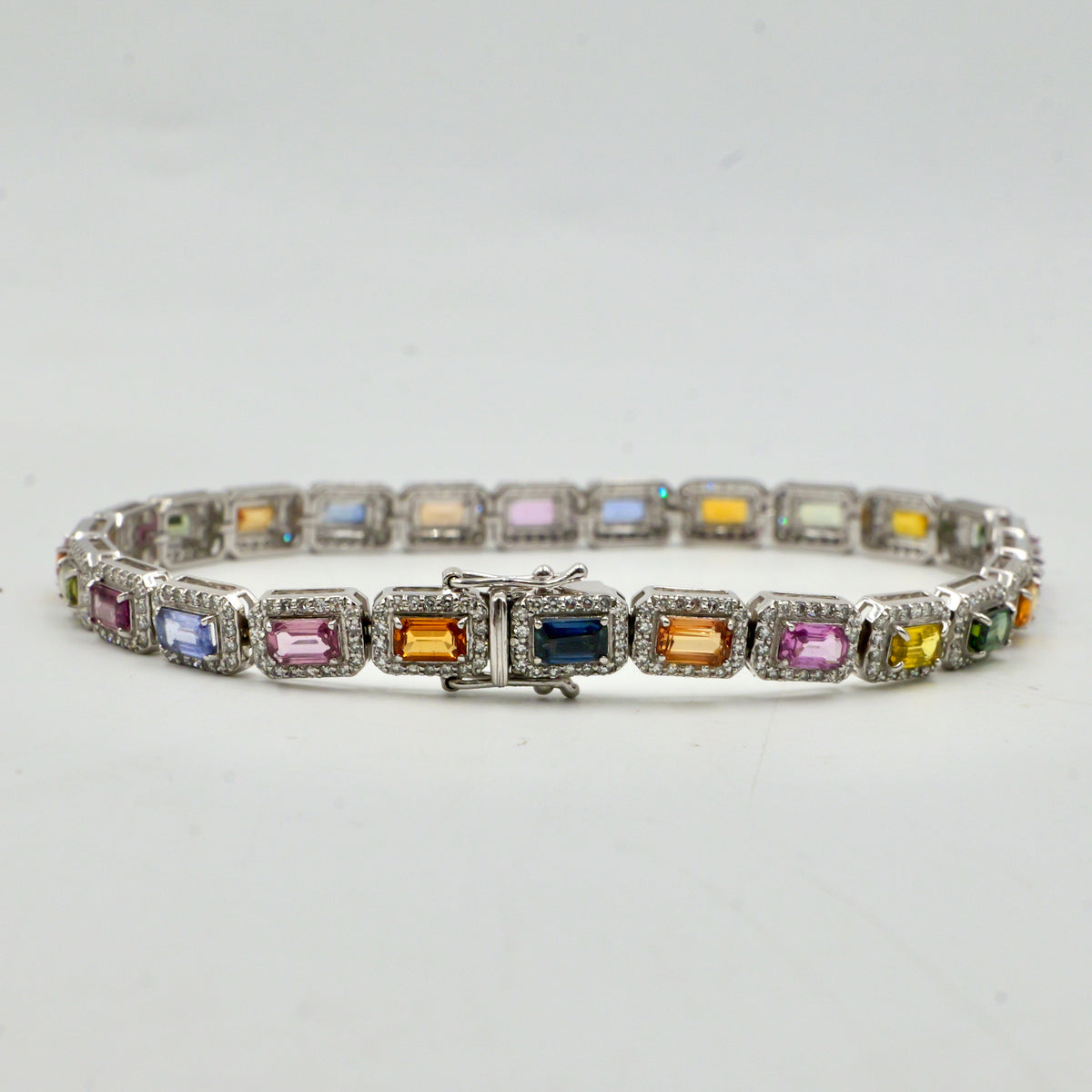 White Gold Multi Coloured Sapphire & Diamond Halo Bracelet