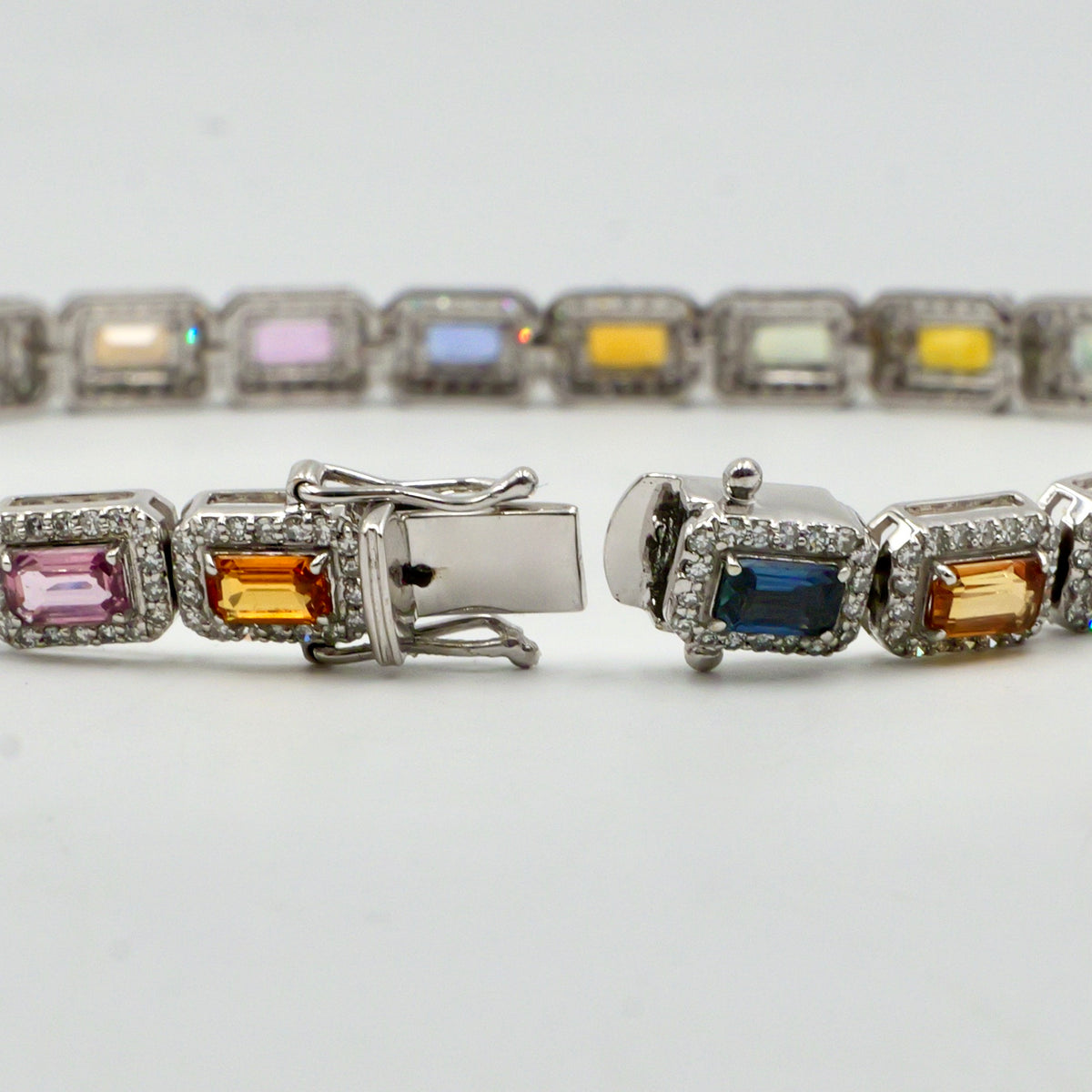 White Gold Multi Coloured Sapphire & Diamond Halo Bracelet