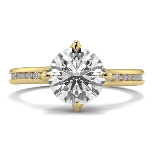 Gold ring with a large diamond and smaller diamonds on the band against a white background Yb jewellers engagement ring straight band