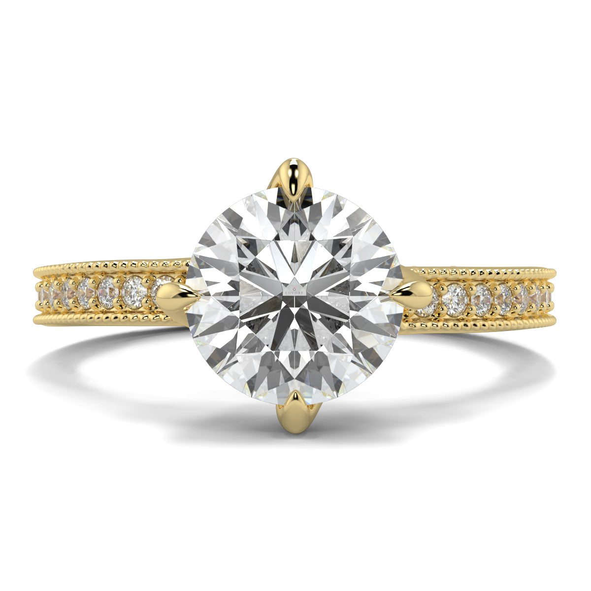 Gold ring with a large diamond and smaller diamonds on the band against a white background Yb jewellers engagement ring straight band