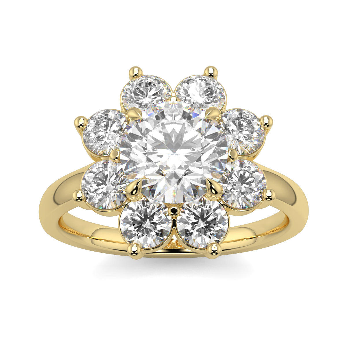 Gold ring with a diamond flower design on a white background yb jewellers cluster halo ring engagement ring grain set halo round shape plain band