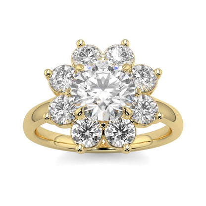 Gold ring with a diamond flower design on a white background yb jewellers cluster halo ring engagement ring grain set halo round shape plain band