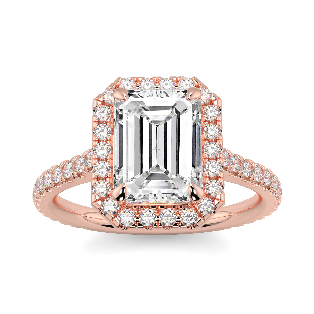 Rose gold ring with emerald-cut diamond and smaller diamonds on a white background YB_Jewellers_Engagement_Ring