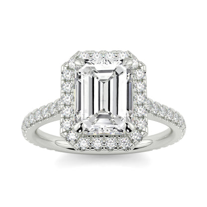 Diamond ring with emerald-cut center stone on a white background YB_Jewellers_Engagement_Ring 