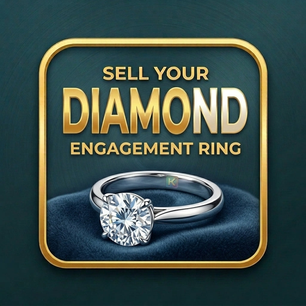 Diamond engagement ring with text 'Sell Your Diamond Engagement Ring' on a dark background