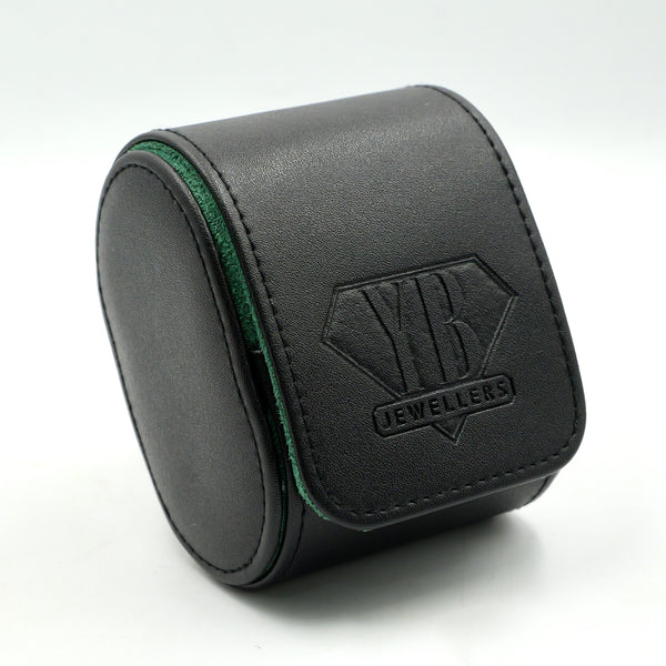 Black jewelry box with a visible brand logo on a white background