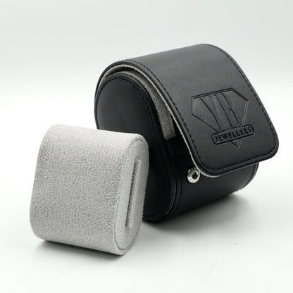 Black jewelry case with a textured gray interior on a white background, featuring the YB Jewellers' logo.
