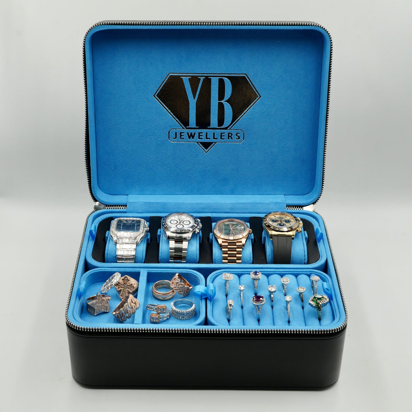Jewelry set in a blue jewelry box with 'YB Jewellers' branding.