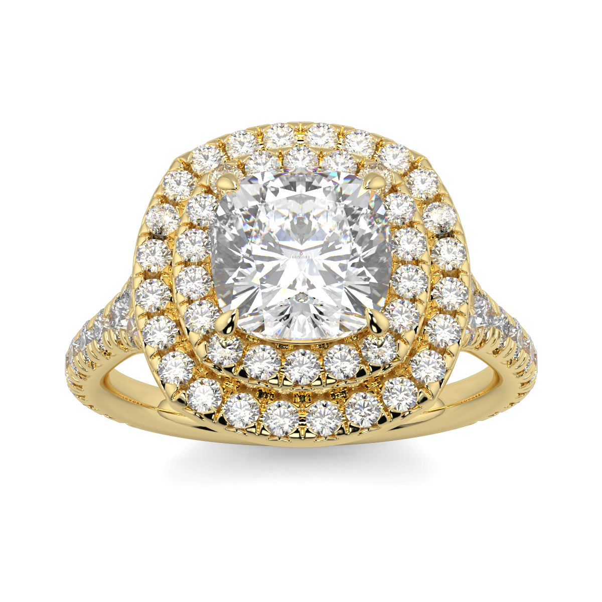 Gold ring with a large diamond and smaller diamonds around on a white background Yb jewellers trending design double halo ring