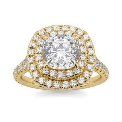Gold ring with a large diamond and smaller diamonds around on a white background Yb jewellers trending design double halo ring